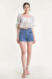 White Floral Print Tie Cuff Cropped Blouse