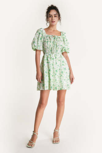 Light Green Off-the-Shoulder Floral Print Smocked Waist Mini Dress