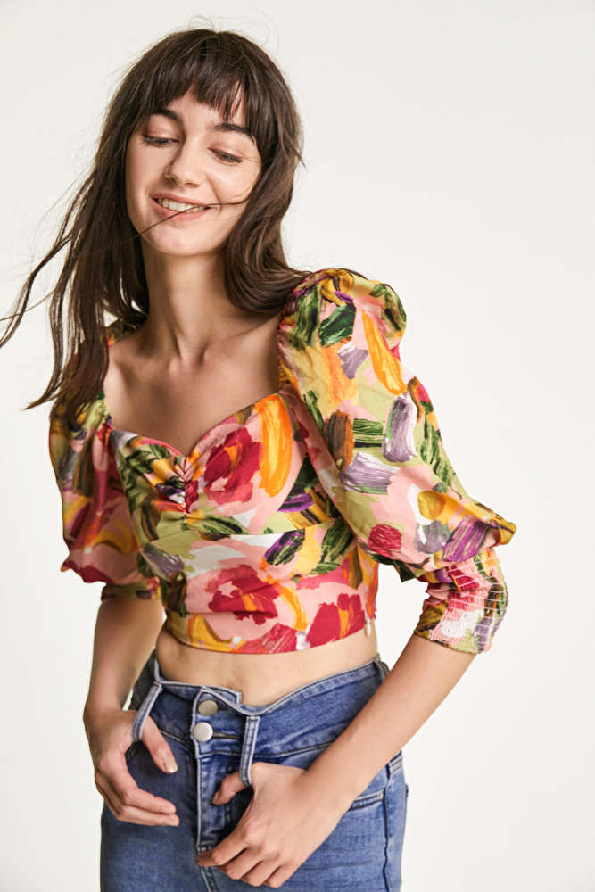 Multicolor Abstract Print Smocked Crop Top