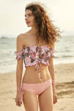 Pink Smocked Ruffled Lace-Up Bikini Set