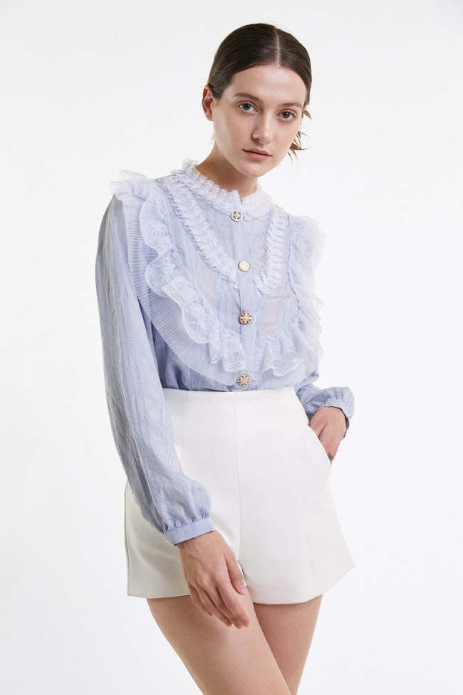 Light Steel Blue Lace Trim Button-Up Blouse