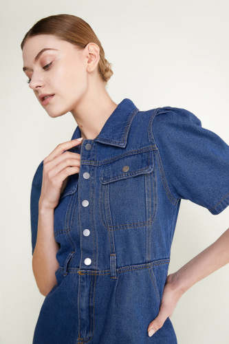 Dark Blue Puff Sleeve Denim Mini Dress Without Belt