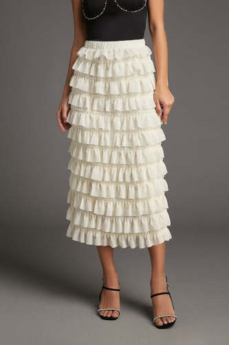 Beige Ruffled Tiered Elastic Waist Skirt
