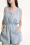 Light Blue Sleeveless Elastic Waist Button Front Denim Romper