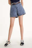 Light Steel Blue Belted Pocket Detail Denim Shorts