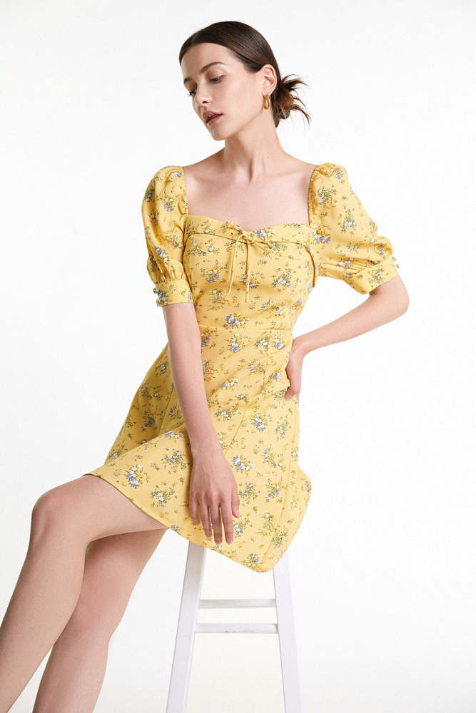 Flash Sale                Yellow Floral Print Smocked Tiered Hem Mini Dress