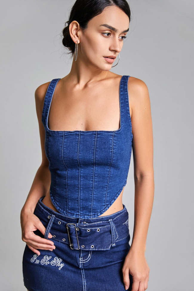 Dark Blue Zip-Back Seam Detail Denim Crop Top