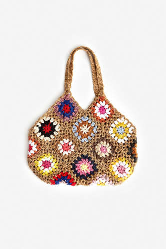 Tan Granny Square Crochet Tote Bag