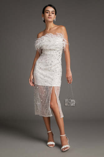 White Strapless Feather-Trimmed Sequin Embellished Side Slit Midi Dress