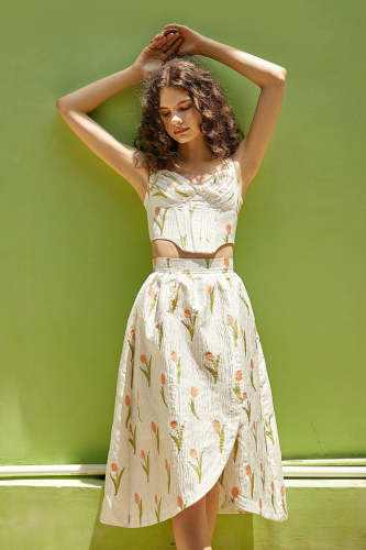 White Tulip Print A-Line High Rise Midi Skirt