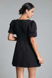Black Textured Buckle Strap Detail Puff Sleeve Mini Dress