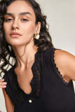 Black Rib-Knit Lace Trim Button Detail Tank Top