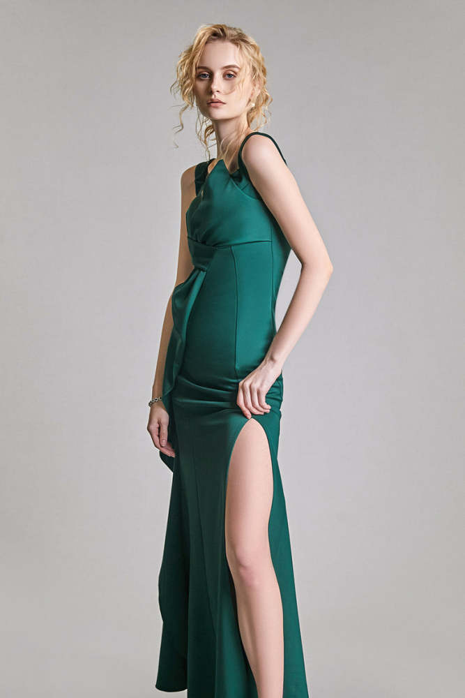 Dark Green Off-the-Shoulder Draped Maxi Dress