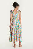 Multicolor Floral Print Tie Strap V-Neck Tiered Midi Dress
