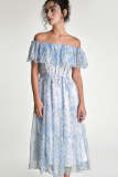 Light Sky Blue Floral Print Off-the-Shoulder Ruffled Maxi Dress