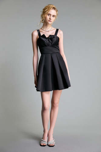 Black Satin Notched Flared Mini Dress