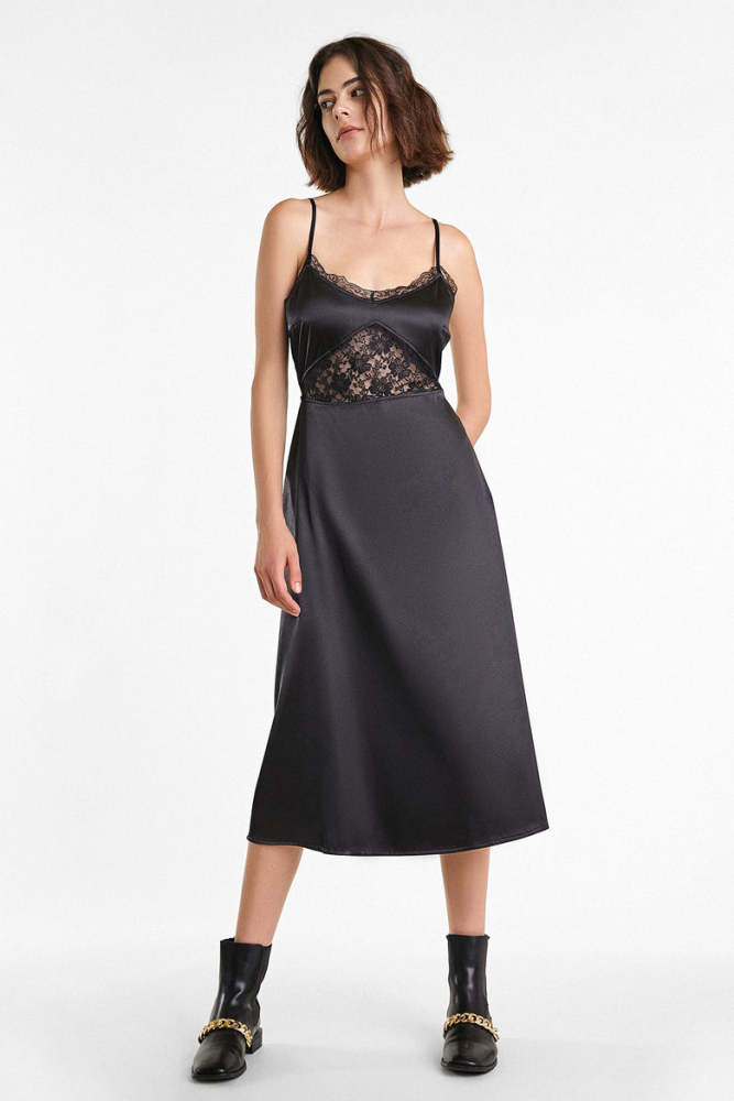 Black Satin Lace Detail Midi Dress