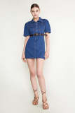 Dark Blue Puff Sleeve Denim Mini Dress Without Belt