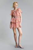 Pink Floral Print Pleat Detail Smocked Tiered Mini Dress