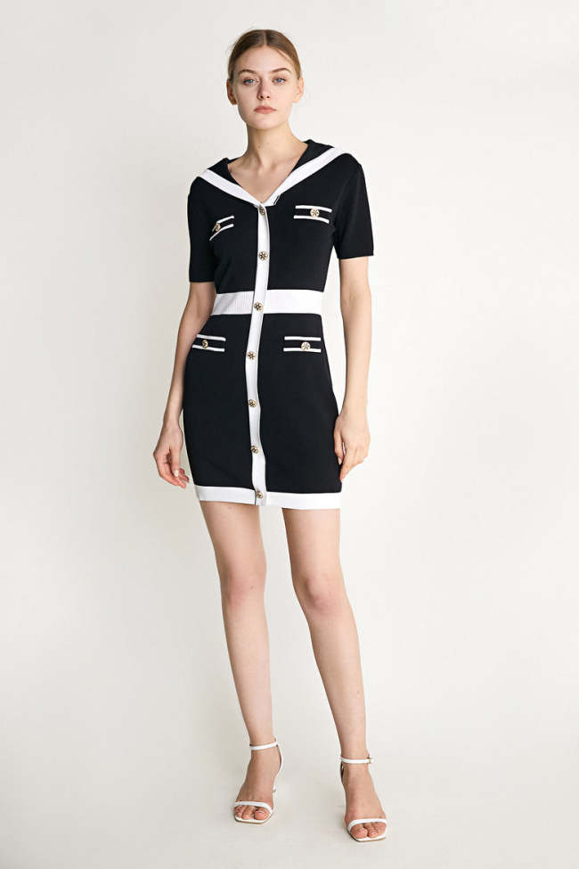 Black Sailor Collar Stripe-Trim Knit Midi Dress