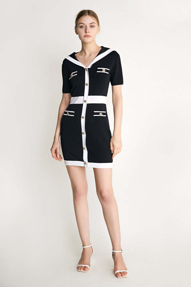 Black Sailor Collar Stripe-Trim Knit Midi Dress