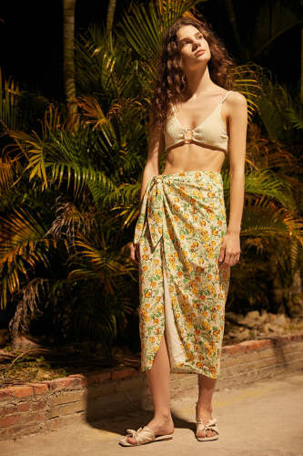 Sea Green Floral Print Faux-Wrap Midi Skirt