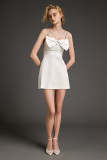 White Bow Detail Rhinestone-Embellished Strap Ruched Mini Dress