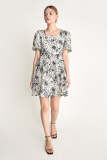 Ivory Puff Sleeve Floral Print Square Neck Mini Dress