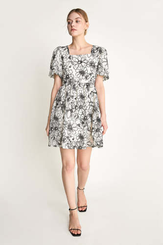 Ivory Puff Sleeve Floral Print Square Neck Mini Dress