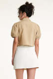 Flash Sale                Tan Tie Detail Puff Sleeve Cropped Cotton Shirt