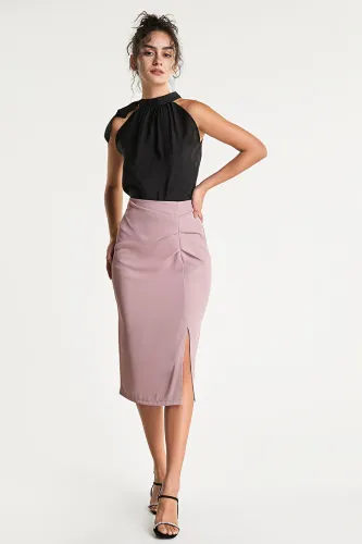Pink Ruched Side Midi Skirt