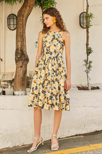 Lemon Chiffon Sleeveless Floral Print Midi Dress