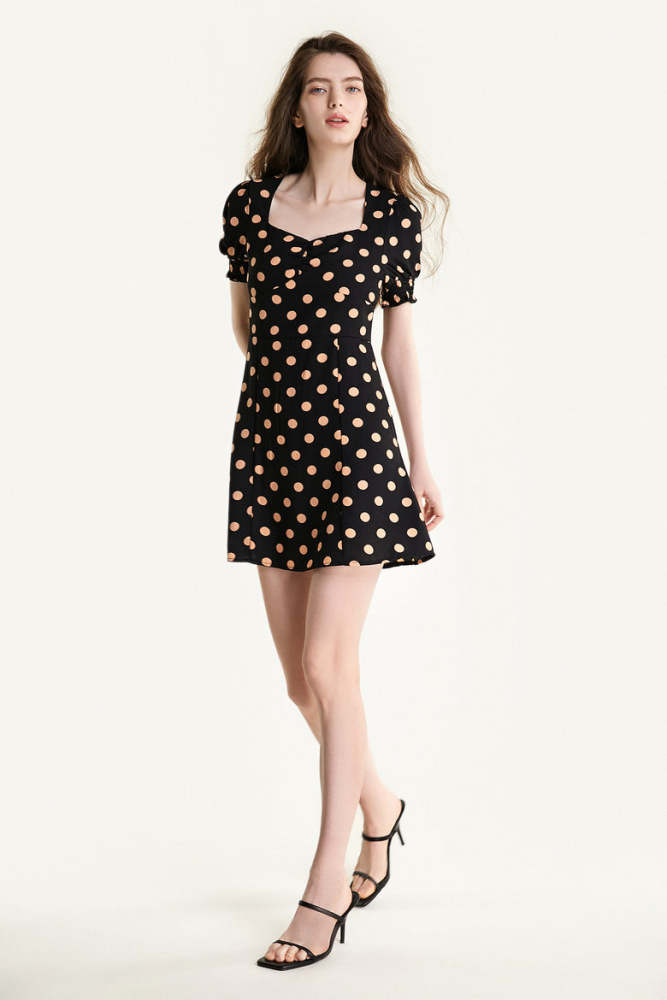 Black Polka Dot Sweetheart Neck Mini Dress