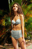 Light Blue Striped High Waist 3 Piece Swimsuit Cover Up Set
