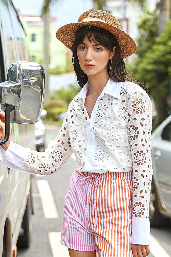 White Sheer Embroidery Long Sleeve Shirt