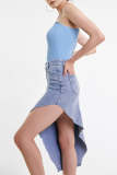 Light Steel Blue Asymmetric Hem Denim Skirt