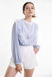 Light Steel Blue Lace Trim Button-Up Blouse