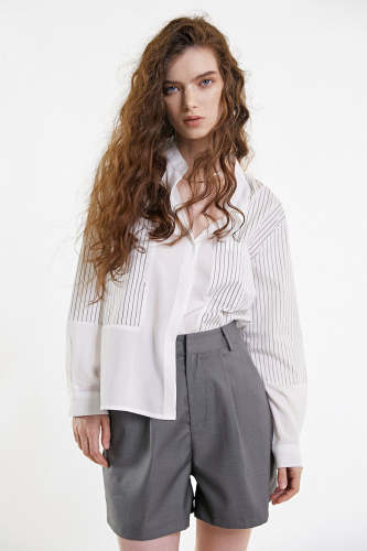 Flash Sale                White Striped Stand-Up Collar Contrast-Panel Shirt