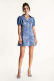 Royal Blue Floral Print Button Front Collared Denim Mini Dress