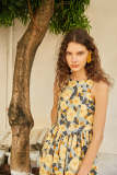 Lemon Chiffon Sleeveless Floral Print Midi Dress