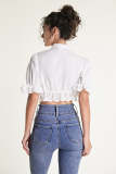 White Tie Front Puff Sleeve Embroidered Top