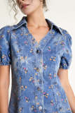 Royal Blue Floral Print Button Front Collared Denim Mini Dress
