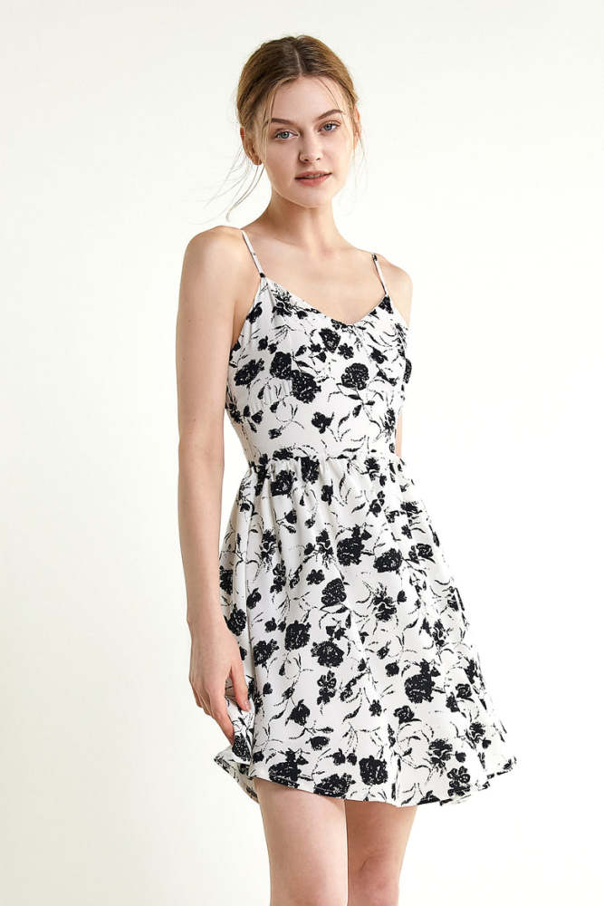 White Floral Print Spaghetti Strap V-Neck Mini Dress