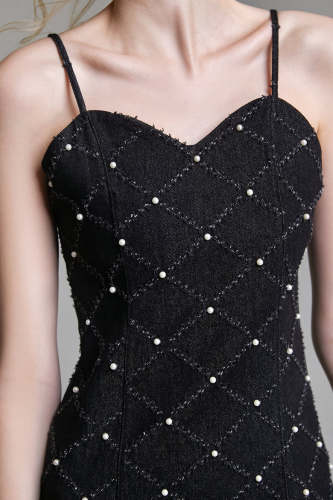 Black Pearl Embellished Sweetheart Neck Bodycon Denim Mini Dress