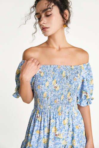 Light Blue Off-the-Shoulder Floral Print Smocked Midi Dress