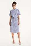 Blue Striped Tie Waist Stand Collar Midi Shirt Dress