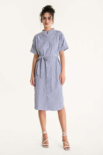 Blue Striped Tie Waist Stand Collar Midi Shirt Dress