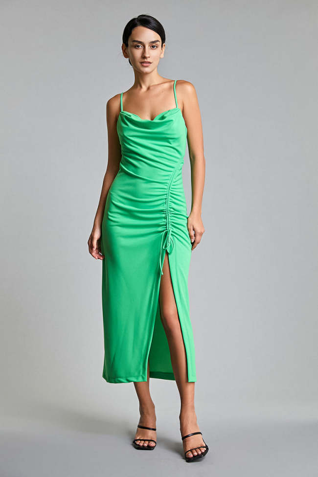 Lime Green Spaghetti Strap Cowl Neck Ruched Drawstring Midi Dress