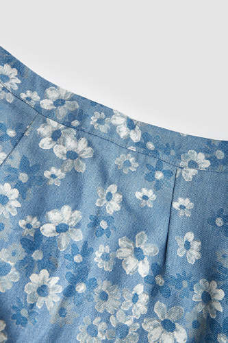 Medium Blue Wash Floral Print High Rise Mini Denim Skirt