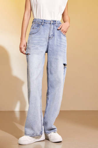 Slate Grey Ripped Wide-Leg Jeans